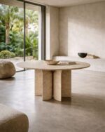 pleon cagdas traverten yemek masası doğal taş yuvarlak tabla