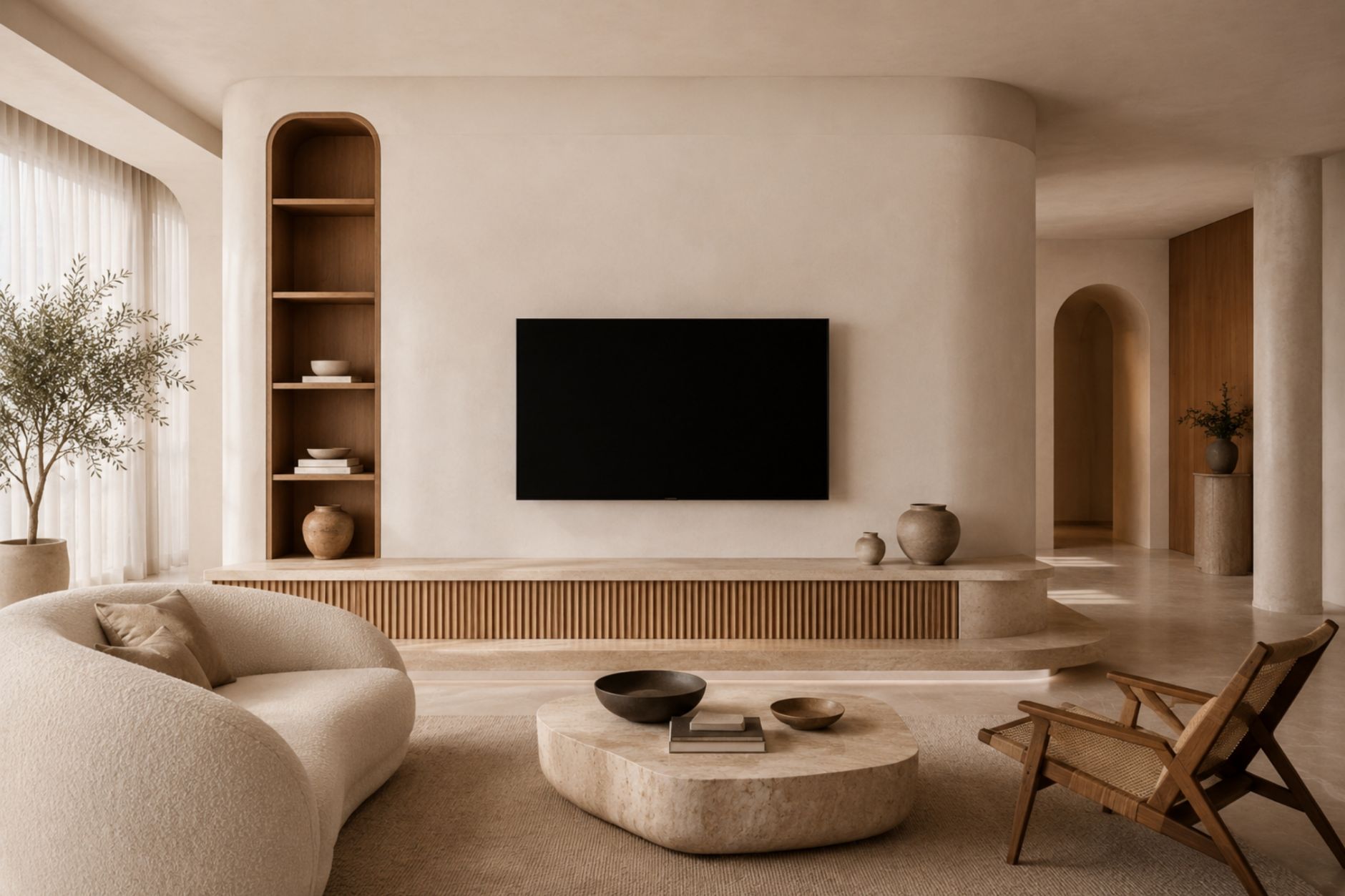 Modern salon dekorasyonunda doğal taş detaylı TV ünitesi ve orta sehpa uyumu