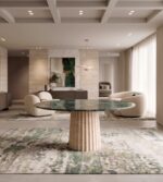 yeşil mermer üst tablalı traverten bacaklı yemek masası modern salon kullanımı